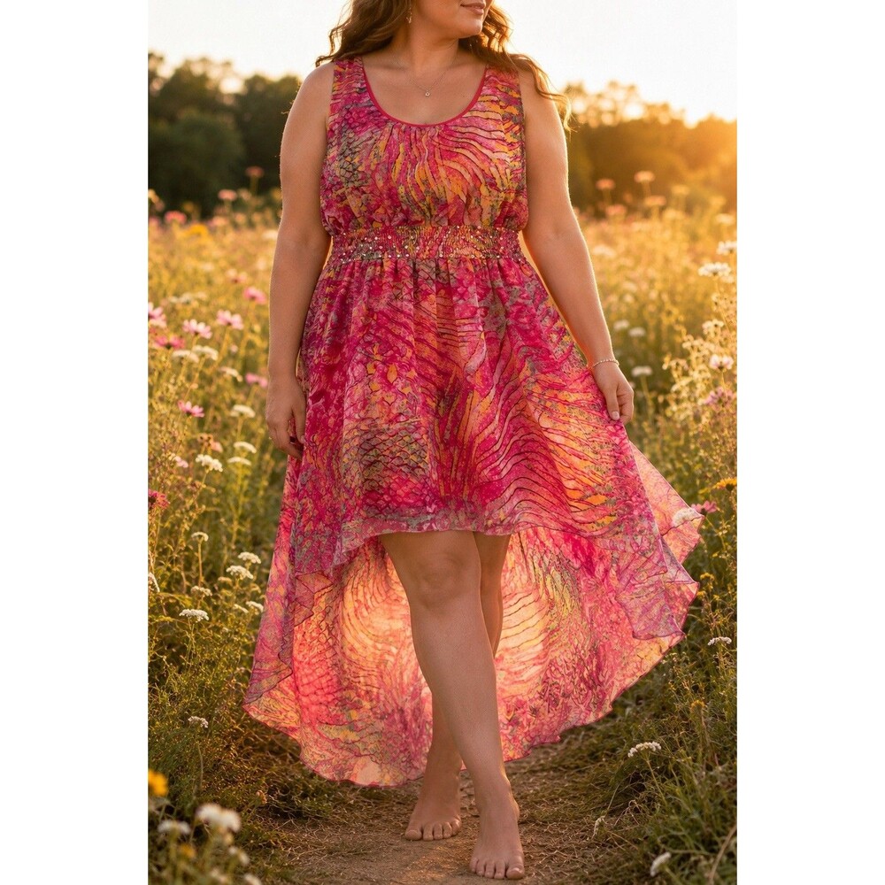 Jessica Taylor 2X Fairycore High Low Chiffon Midi Dress Pink Boho Beaded